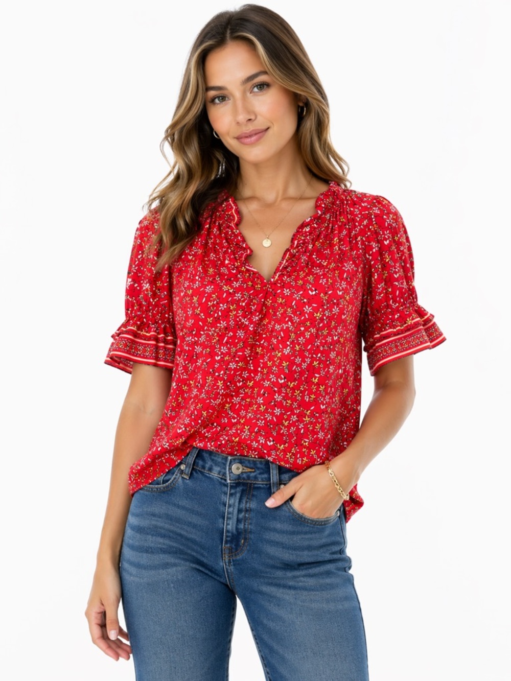 Max Studio Size Small Oversized Elegant Red Floral Blouse with Ruffle Sleeves